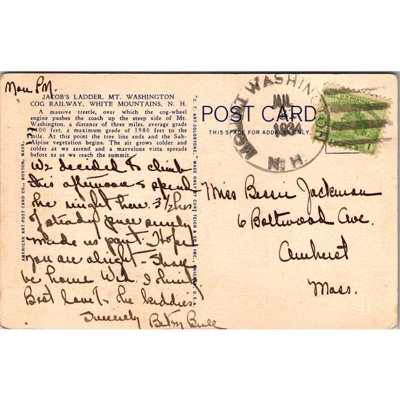 Jacob's Ladder Mt. Washington White Mts. NH 1934 Vintage Postcard SPF5 - Picture 2 of 2